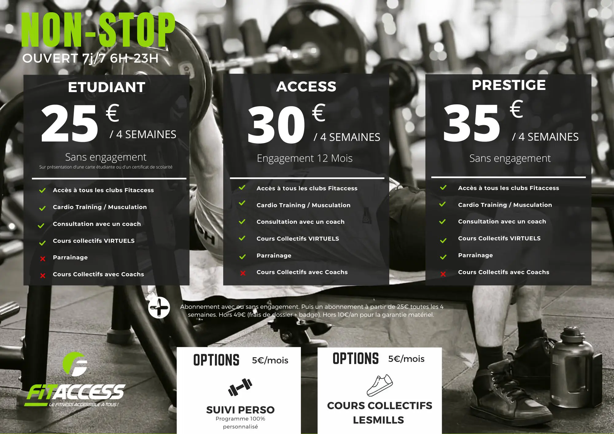 Abonnements salle de sport Fitaccess Présentation des abonnements salle de sport Fitaccess avec formules étudiant, access et prestige.