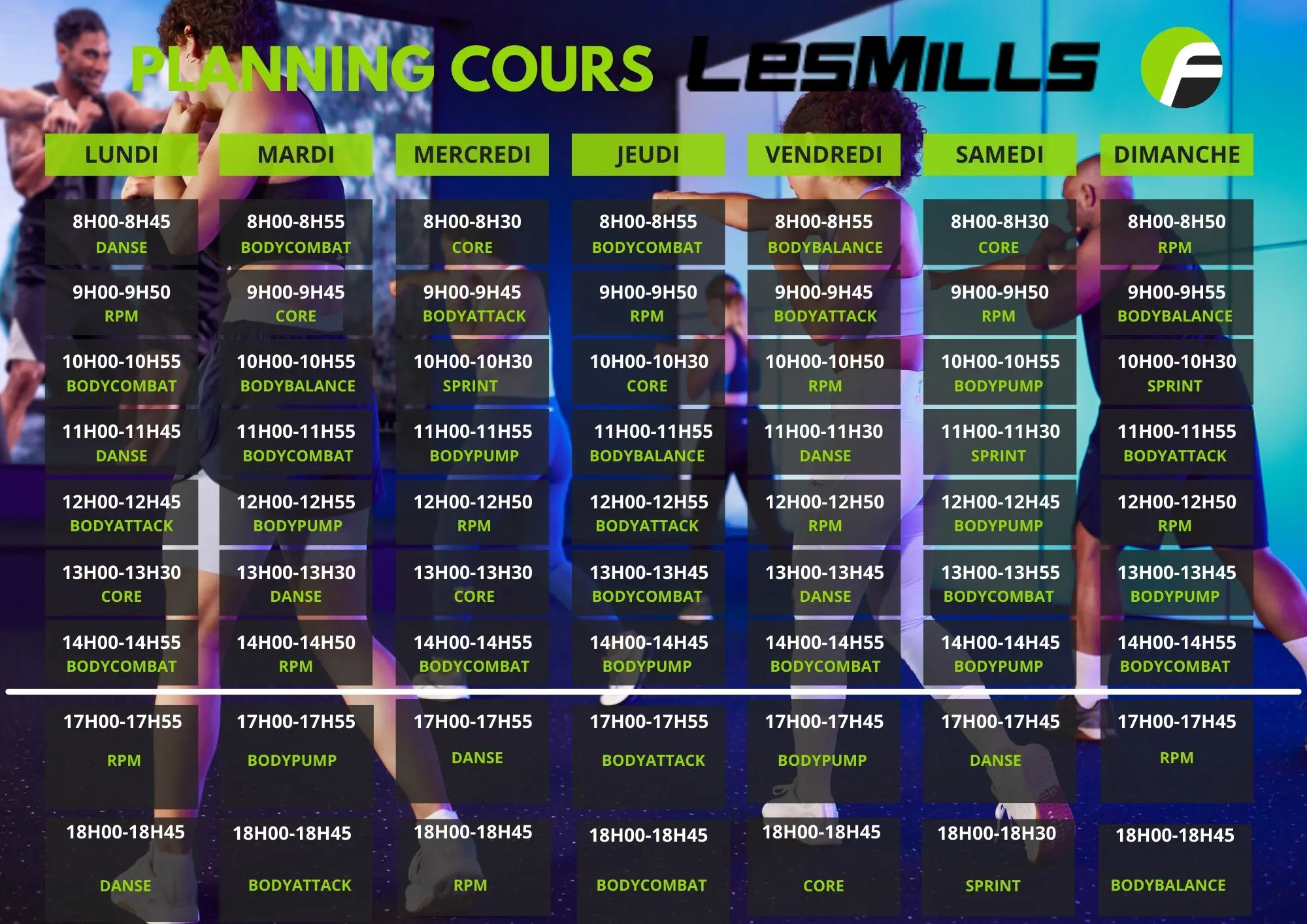 Planning hebdomadaire des cours collectifs proposés chez Fitaccess Tullins : RPM, BodyPump, BodyCombat, BodyBalance, Sprint et BodyAttack.